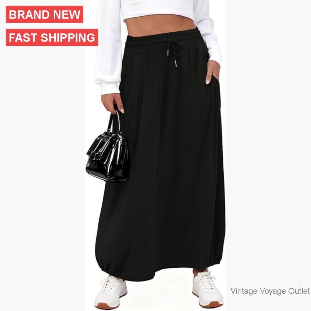 Maxi Skirt High Waist Flowy Bubble Pleated with Pockets Casual Beach